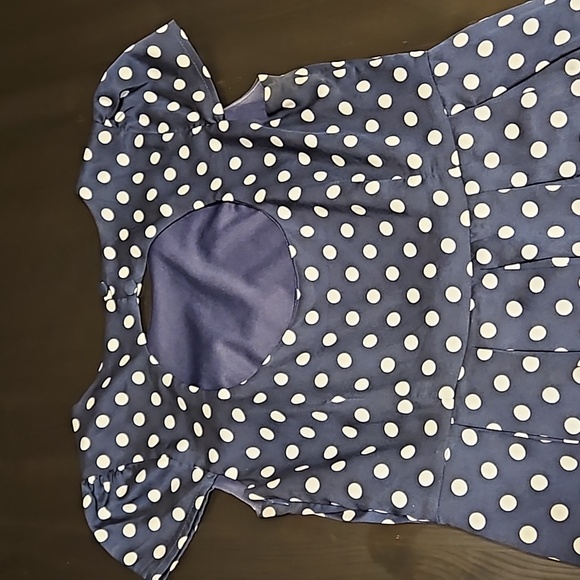 Altar'd State blue polkadot dress with circular back opening amf high neckline - Picture 6 of 7